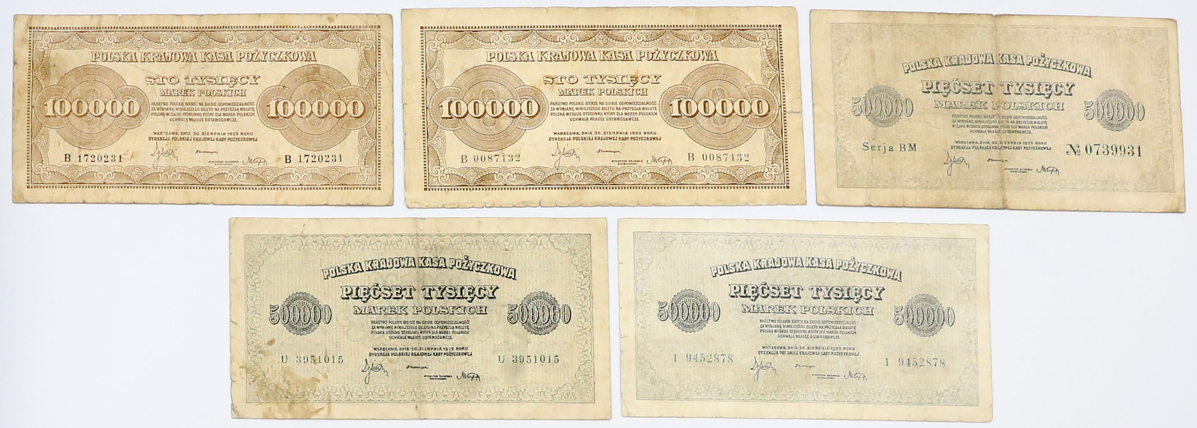 100.000-500.000 marek polskich 1923, zestaw 5 banknotów
